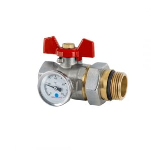 KUREK KULOWY, EN 13828-S-Cu-DN25 (1)/PN-M-75002-DN25-P "HISZPAN" ZE ŚRUBUNKIEM I TERMOMETREM, CZERWONY  UCHWYT