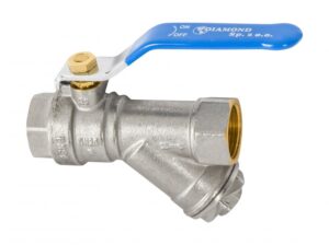 KUREK KULOWY EN 13828-S-Cu-DN25 (1)/ Z FILTREM SKOŚNYM PN-M-75002-DN25-P „HISZPAN”, Z WKŁADEM MAGNETYCZNYM
